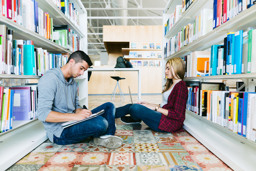 Photograph of two students working at a library